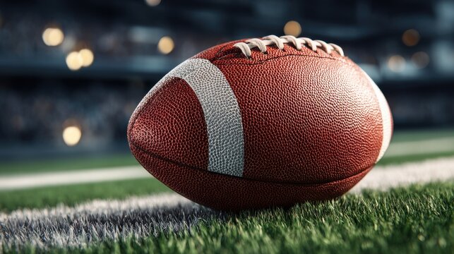 American Football Ball on Green Grass Field with Blurry Stadium Lights in Background