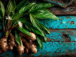 Fresh ginger root with green leaves and white flowers on a rustic turquoise wooden background