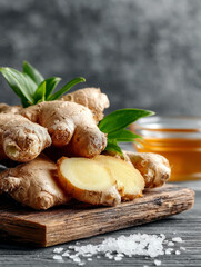 Fresh ginger root with slices and green leaves on a wooden board with honey