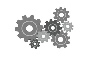 Abstract mechanical gear arrangement in black‑and‑white tones, featuring a conceptual backdrop and depth of field