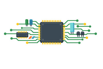 Banner featuring a flat microelectronics circuit board set against a transparent background, showcasing the geometric texture of contemporary digital technology, computers, motherboards, or high‑tech