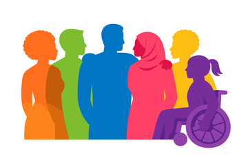 Colorful silhouettes of diverse individuals represent unity, inclusion, and teamwork across various ethnicities in society, as depicted by a conceptual paper‑cut illustration of a group of people