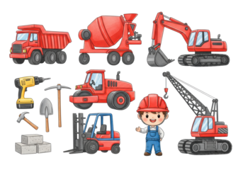 highly stylized chibi cartoon worker in blue overalls next to six oversized red and blue watercolor construction vehicles (dump truck, excavator, mixer, roller, forklift, crane). isolated flat lay,