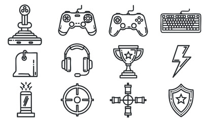 A collection of gaming icons including controllers, joystick, headset, trophy, and shield in minimalist outline vector style, ideal for gaming-related designs