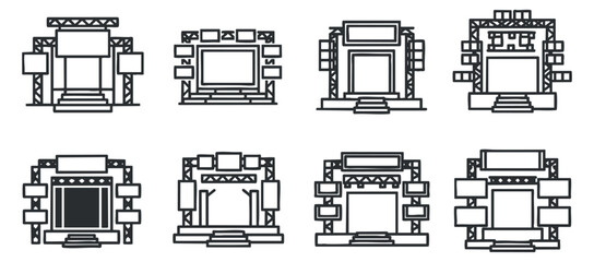 A collection of eight unique theater stage designs in black and white outline vector style, ideal for event planning and entertainment branding