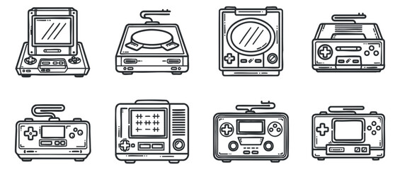 A collection of retro gaming consoles and handheld devices in black and white outline vector style, ideal for gaming enthusiasts and design projects