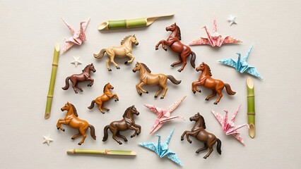 Asian Figurines: Horses, Origami Cranes, and Bamboo Flat Lay