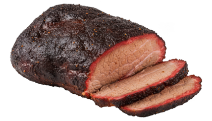 A sliced cured meat product with a dark brown crust isolated on transparent background