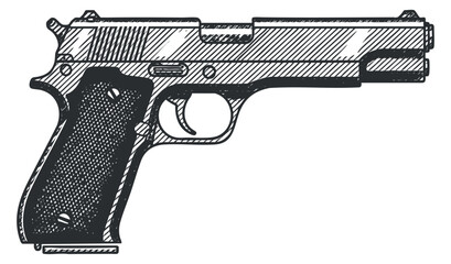 A detailed sketch of a handgun in black and white vector style, suitable for design and illustration projects