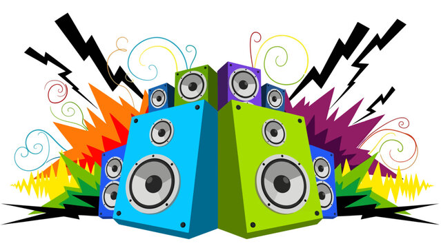A stack of blue, green, and purple speakers erupts with visual sound, featuring jagged lightning bolts, playful swirls, and sharp geometric bursts that convey the high energy of loud, thumping music - Powered by Adobe