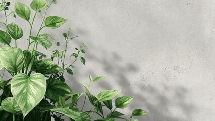 Variegated pothos plant with heart-shaped green and cream leaves against a light gray textured wall. Concept Variegated pothos plant, Heart-shaped leaves, Green and cream foliage