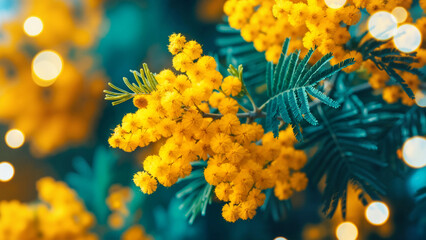 Vibrant mimosa flowers background for International Women's Day, ideal for greetings, marketing, and floral designs