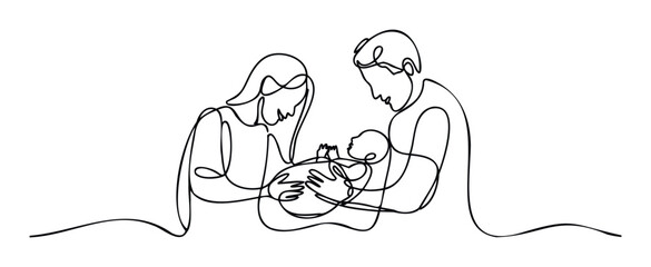 Elegant continuous line art of a new mother and father lovingly holding their tiny baby, excellent for maternity clinic advertisements, nursery decor prints, and family milestone