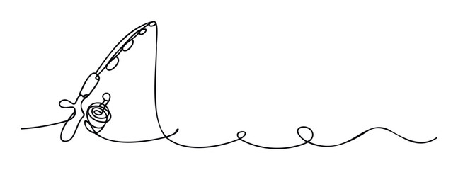 Elegant one line illustration depicting a fishing gear including a rod and reel with a long winding line suitable for serene watersports promotions, outdoor recreation materials, and