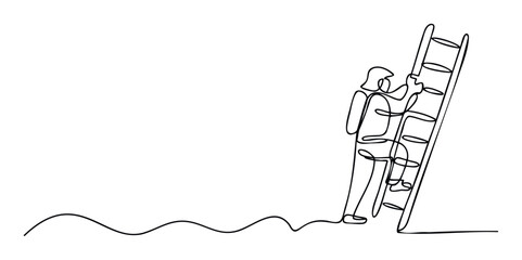 Simple line drawing depicting a determined person climbing a ladder towards success, ideal for illustrating concepts of ambition, challenge, and personal growth in business or educational