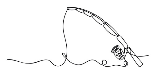 Minimalist one line drawing of a fishing pole casting its line into calm water, ideal for leisure activity blogs, fishing trip promotions, and outdoor recreation themes.