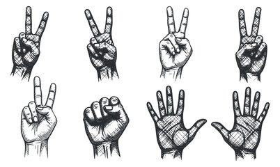 A collection of hand gestures symbolizing peace and victory in vintage sketch vector style, suitable for creative projects and design