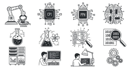 A collection of technology and science icons featuring robotics, programming, and data analysis in a modern outline vector style, ideal for educational materials and tech branding