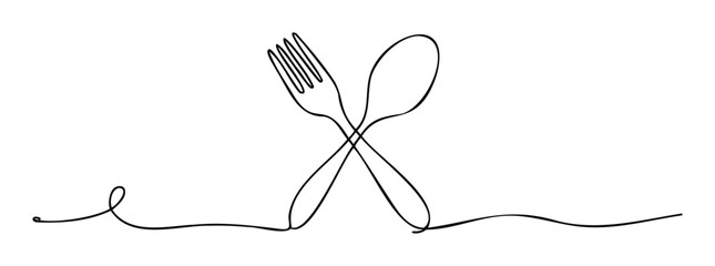 Elegant continuous line drawing of crossed fork and spoon for kitchen decor, restaurant branding, culinary event promotions, and food related marketing materials.