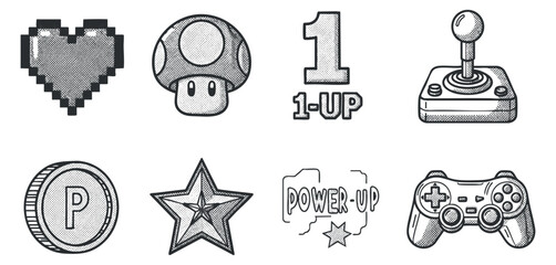 A collection of retro gaming icons including a heart, mushroom, 1-up, joystick, and game controller in black and white vector style, ideal for gaming-themed projects