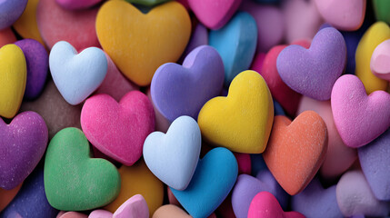 Fototapeta premium Colorful heart shaped candies in pastel and vibrant colors for Valentine's Day background
