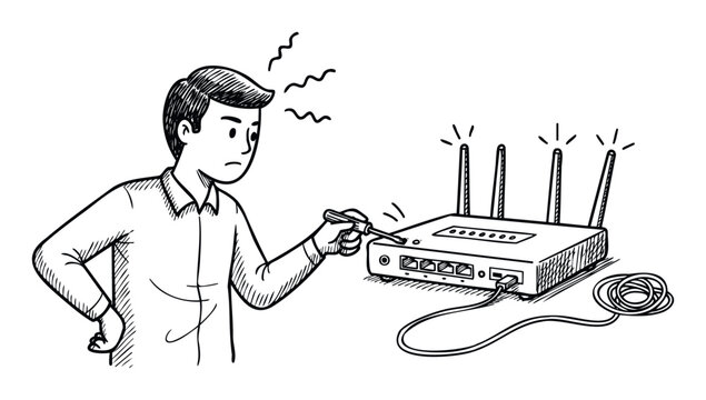 Confused man attempting to troubleshoot his unresponsive wireless internet router with a small screwdriver to restore network connectivity for technical assistance and IT support solutions