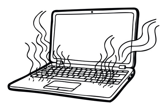 Outline drawing of a hot steaming laptop experiencing performance issues or system failure perfect for technology troubleshooting guides and hardware repair advertisements