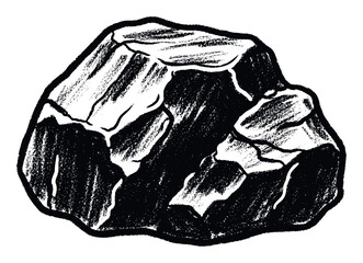 Bold black and white illustration of a jagged rock formation or a piece of coal, featuring a textured appearance and strong contours, suitable for academic publications, energy sector