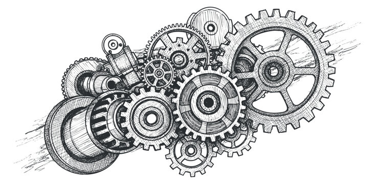 A collection of intricate gears and cogs in detailed black and white sketch style, suitable for engineering and technology projects