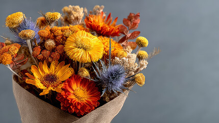Autumn bouquet of dried flowers in warm orange and yellow tones with blue thistle accents