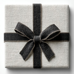 Elegant square gift box with black ribbon and bow, ready for celebration