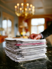 Stack of papers on a desk with a hand reaching for them in a formal setting