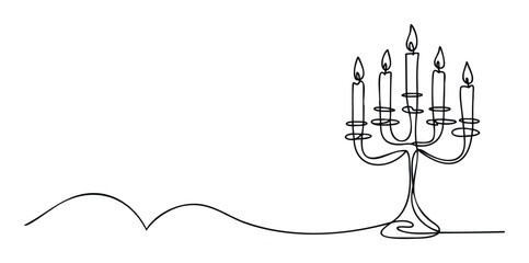 Continuous line drawing of a sevenbranched menorah with burning candles symbolizing light and tradition, perfect for religious holiday greetings or cultural event promotion.