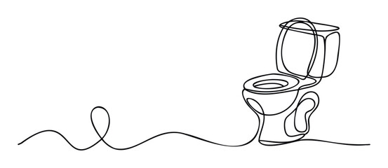 Continuous line drawing of a modern toilet with the seat up, flowing seamlessly from a single stroke, perfect for bathroom decor, plumbing services advertisements, or minimalist interior