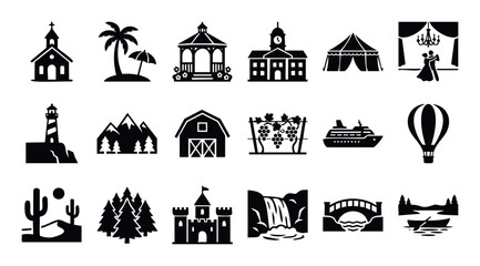 A curated collection of destination and activity silhouette icons, including landmarks, nature, and recreational themes, for travel applications, tourism marketing, and adventure planning.