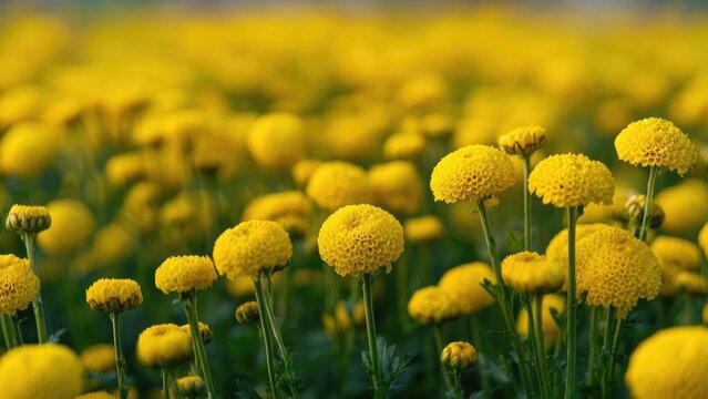 Field of bright yellow chrysanthemums in full bloom stretching into the distance. Concept Bright yellow chrysanthemums field, Expansive floral landscape, Horizon of blooming flowers - Powered by Adobe