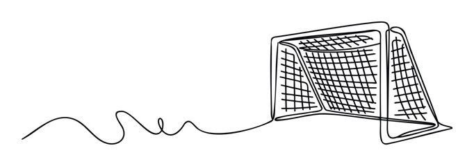 A continuous one line drawing depicting a soccer goal net perfect for sports event graphics and athletic competition promotions or game themed branding materials