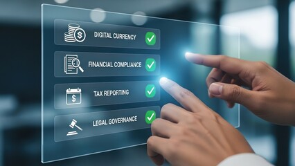 Close-up of hands typing approving digital checklist representing financial compliance tax reporting digital currency and legal governance