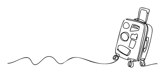 Single continuous line drawing of a rolling suitcase with an extended handle, illustrating a journey or travel adventure, perfect for vacation promotions and travel themed graphics