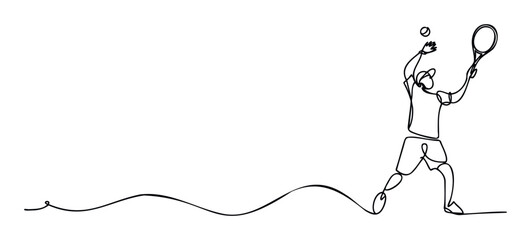 Dynamic continuous line drawing capturing a male tennis player performing a powerful serve with a racquet and ball, ideal for sports event promotions or athletic activity visual content.
