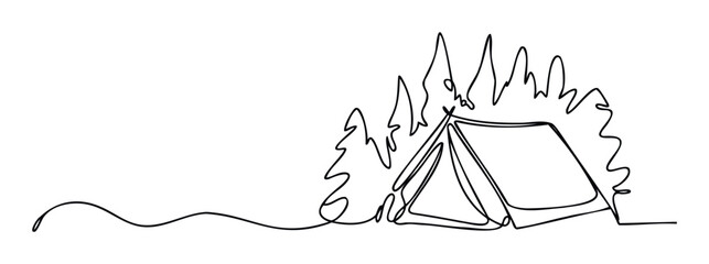 Continuous line drawing of a minimalist camping scene featuring a tent among stylized trees with a campfire, perfect for travel promotions or outdoor adventure themed content.