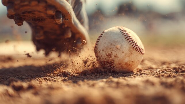 Close-up of a baseball on the infield dirt with a player's cleated shoe kicking up dust, dynamic action shot