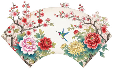 Obraz premium Floral Fan png Hummingbird cutout Blossom Branch png Flower Arrangement cutout Asian Art png Oriental Design cutout Botanical Illustration png Garden