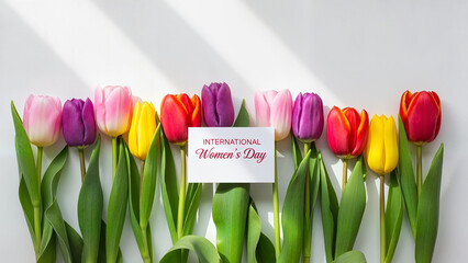 Vibrant tulips with "International Women's Day" sign, ideal for greetings, marketing, and floral promotions