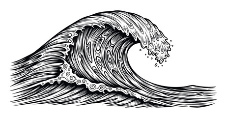 Dynamic ocean wave graphic with intricate swirling lines and powerful crashing water motion ideal for surf related merchandise or nautical themed product packaging