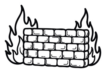 A simple black and white line drawing of a brick wall surrounded by flames, symbolizing digital security and protection, ideal for tech presentations and cybersecurity articles
