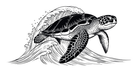 Dynamic sea turtle swimming through powerful ocean waves, perfect for use in surfing apparel designs, marine conservation campaigns, and travel industry promotions