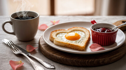 Breakfast served on a round plate with heart-shaped toast, egg, and jam accompanied by coffee in a mug