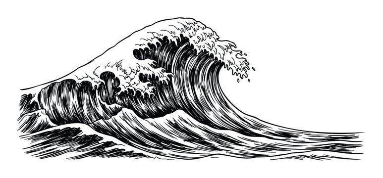 Dynamic hand drawn ocean wave capturing the powerful movement and raw energy of the sea, perfect for marine themed graphics, adventure travel designs, or nautical publication layouts