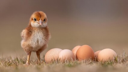A fluffy chick stands beside a cluster of brown eggs on the grass. Concept Fluffy chick, Brown eggs, Grassy farm setting, Springtime wildlife, Adorable rural moment